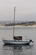 Small Sailboat Moored In Monterey Bay With Beach And Hills