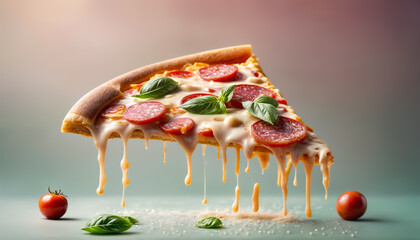 Pizza. Pizza slice with salami basil tomatoes and hot dripping cheese on a green background
