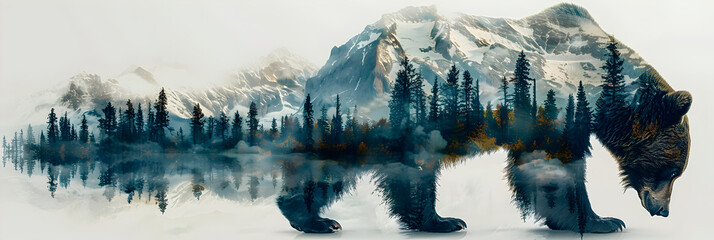 A polar bear is standing on a rock with trees in the background,Bear and forest double exposure effect