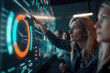 Surrounded by digital dashboards, the woman analyzes a radar chart showcasing competitive analysis, her colleagues absorbed by the strategic insights.