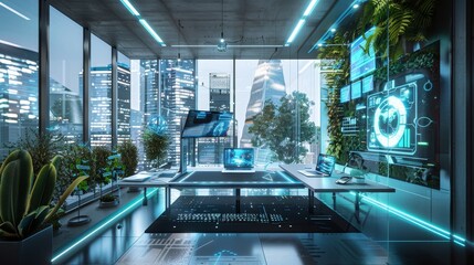 Poster - A futuristic workspace with holographic displays and floating keyboards  AI generated illustration