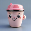 icon of cute pink plastic coffee mug in kawaii style on blue background