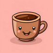 icon of cute brown coffee mug in kawaii style on pink background