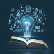 glowing light bulb with neon icons on blue background with open book 