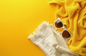 Poster - Sunglasses and Towel on Yellow Background