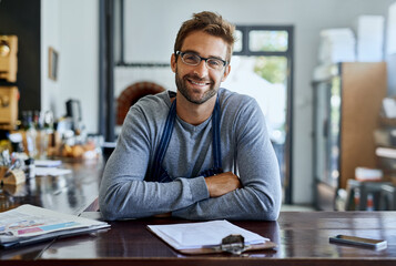 Poster - Cafe, waiter and portrait of man with clipboard for checklist, inventory review and feedback. Small business, restaurant and employee with documents for supply chain, planning and price list of stock