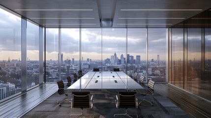 Wall Mural - A  3d illustration of a sleek office boardroom with a cityscape view  AI generated illustration