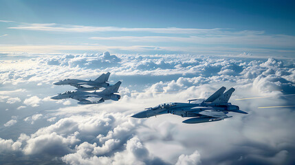 two fighter jets soaring above the clouds, with missile trails indicating they have just fired missiles