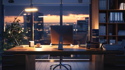 Poster - A  3d illustration of a desk in a contemporary office lit by evening light  AI generated illustration