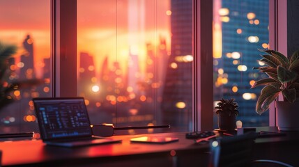 Poster - A mockup of a workspace with city lights shining through the windows  AI generated illustration