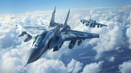 Wall Mural - two fighter jets soaring above the clouds, with missile trails indicating they have just fired missiles