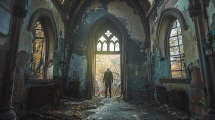 Wall Mural - A mysterious figure standing in the doorway of an abandoned church  AI generated illustration