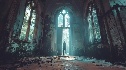 Wall Mural - A mysterious figure standing in the doorway of an abandoned church  AI generated illustration