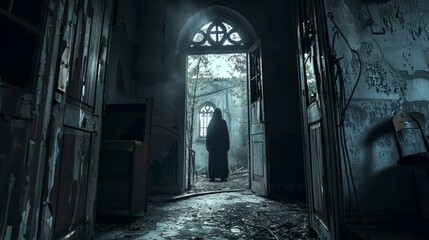 Wall Mural - A mysterious figure standing in the doorway of an abandoned church  AI generated illustration