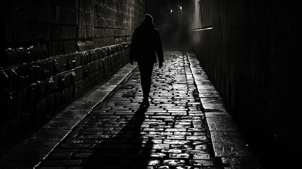 Wall Mural - A shadowy figure creeping through a dark alley  AI generated illustration