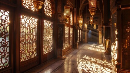 Wall Mural - The room is bathed in warm golden light streaming in from the intricately carved windows. The sun catches on the brass lanterns hanging from the ceiling casting intricate patterns .