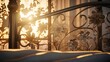 Sunlight gently illuminating the floral motifs on an iron bed frame, portrayed in stunning