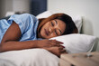 Black woman, bed and sleeping relax in home for healthy wellness or tired nap for morning, fatigue or pillow. Female person, duvet and peaceful dreaming in apartment or lazy, stress relief or resting