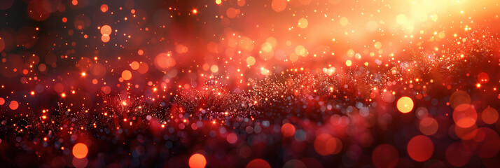 Wall Mural - banner with glowing red and pink light particles on a dark background.