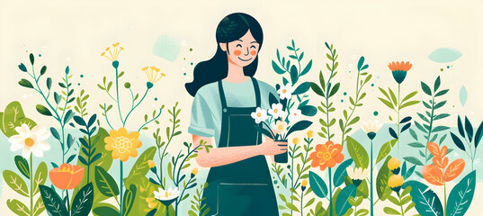 Wall Mural - Illustrate a minimalist portrait of a florist, using flowing lines and floral motifs to convey their gentle and creative personality