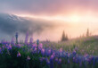 The first light of dawn caresses a misty mountain landscape, with wild lupines in the foreground, creating an ethereal scene of tranquil beauty.