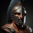 Spartan warrior in armor with shield, antique Greek military soldier. Illustration of an antique spartan warrior in armor with a spear in the forest, an ancient soldier in a helmet.	