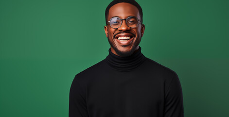 Wall Mural - A jovial young man with a radiant smile wears stylish glasses and a classic black turtleneck, set against a deep green backdrop exuding warmth and approachability.