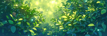Green Leaves Of A Sunny Forest With Glimpses Of Light Through The Foliage.  Green Banner Background With Bright Green Leaves