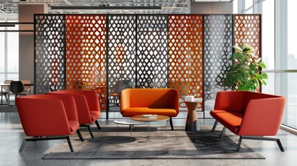 Wall Mural - The waiting area of a modern office space is infused with pops of color and texture through the use of perforated metal panels. The geometric patterned screens provide privacy for .