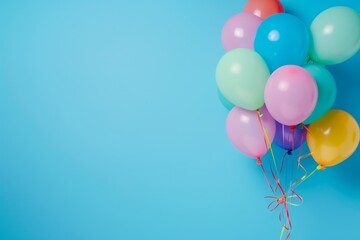 Wall Mural - A bunch of colorful balloons on a blue background, in a closeup view A web banner with empty space Generative AI