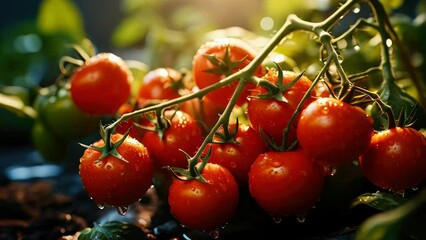 Wall Mural - Fresh natural red vegetables cherry tomatoes on branches. Concept of natural healthy eco food and farming