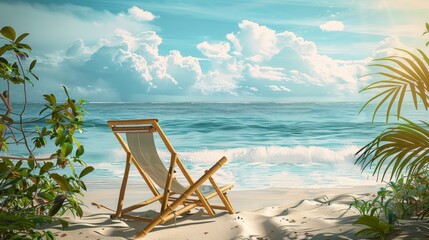 Wall Mural - 3D rendering, beach chairs on sandy beach with blue sky and sea background