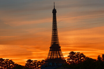 Poster - Paris panoramic view, silhouette of Eiffel tower at sunrise