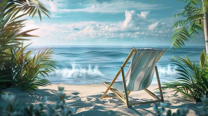 Wall Mural - 3D rendering, beach chairs on sandy beach with blue sky and sea background