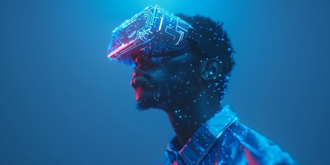 Poster - Man wearing virtual reality headset, with holographic elements around