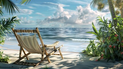 Wall Mural - 3D rendering, beach chairs on sandy beach with blue sky and sea background