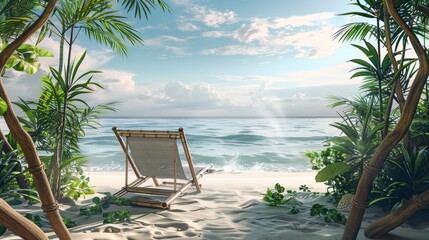 Wall Mural - 3D rendering, beach chairs on sandy beach with blue sky and sea background