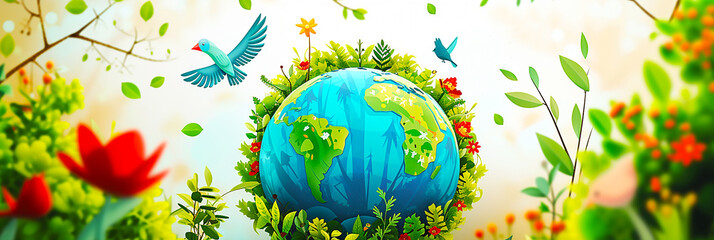 Wall Mural - Illustration of a bird flying around a sphere of pretty flowers and lush green earth.