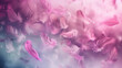 Art depiction of bird feathers scattered in the air in pastel colors of pink and purple. Background with soft feathers