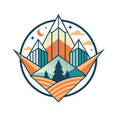 Wall Mural - A mountain landscape featuring trees in the foreground and mountains in the background, A chic and simple logo featuring geometric shapes representing travel destinations