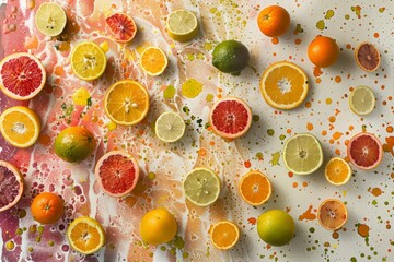 Wall Mural - Overhead View of Colorful Citrus Arrangement on Splattered Background