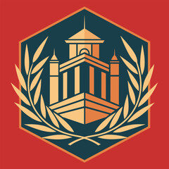 Sticker - A emblem featuring a central building surrounded by red and blue elements, A clean, geometric logo representing a prestigious university