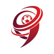A soccer ball positioned at the center of a swirling red pattern, A geometric representation of a football spiraling through the air