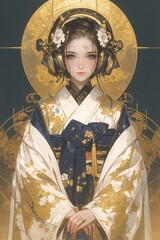 Wall Mural - Beautiful Japanese geisha wearing headphones with a gold and blue halo against a dark green background