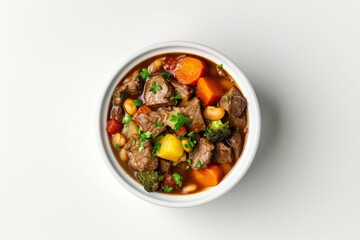 Wall Mural - Gourmet Bean Stew with Succulent Beef, Overhead View of White Bowl
