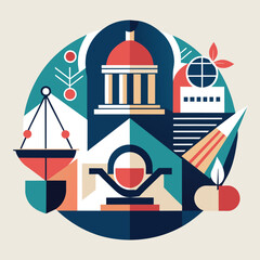 Poster - circle design featuring a building and various elements within it, an abstract composition inspired 