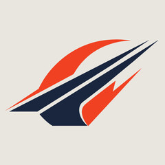 Sticker - An orange and blue airplane soaring through the sky with clouds in the background, An abstract design utilizing negative space to convey the concept of streamlined transportation