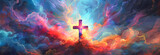 Fototapeta  - Cross of Jesus Christ on the background of a colorful sky with clouds
