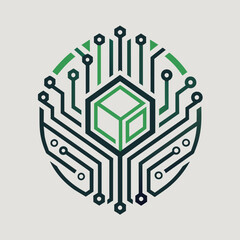 Poster - A green and black logo with a cube in the center, showcasing a sleek and minimalist design, A sleek and minimalist design featuring circuit board patterns