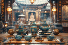 Elegant Tea Set In A Traditional Asian Temple With Intricate Designs